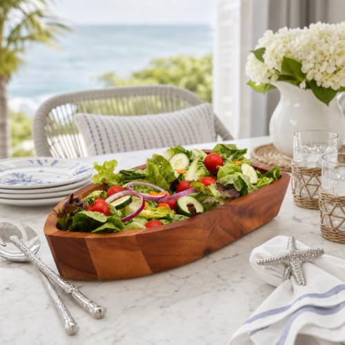 Arthur Court Boat Shape Acacia Wood Serving Bowl - Large Salad Bowl for Fruits and Snacks - 3" H x 9" W x 16" L - size: 3 inches Tall x 9 Wide 16 Long