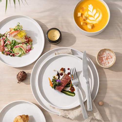 GBHOME Stoneware Dinnerware Sets for 4, 12 Pieces Plates and Bowls Set | Lightweight Ceramic Ribbed Dishes, Reactive Glaze Stackable Plate Set, Scratch Resistant, Microwave & Dishwasher Safe,White - color: White