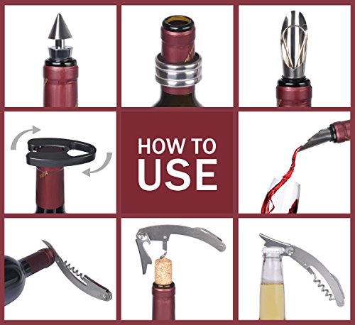 Wine Accessories Gift Set - Wine Bottle Corkscrew Opener Kit, Drip Ring, Foil Cutter and Wine Pourer and Stopper in Novelty Bottle-Shaped Case for Valentine's Gift, Red