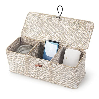 3 Section Seagrass Storage Basket, Handmade Shelf Baskets with Lid for Bathroom/Closet/Livingroom - color: Whitewash 3 Section with Lid