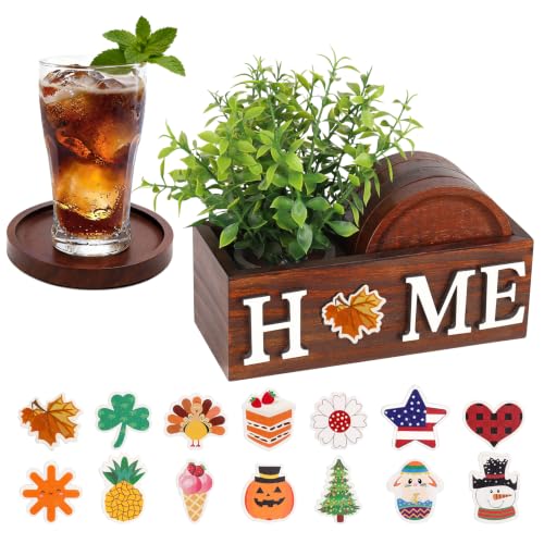 Wood Coasters Set of 4 for Drinks with Holder for Table Decor | Interchangeable Home Sign Green Plants Potted Wooden Coaster Set for Farmhouse Office Bar Drink Coffee Coasters Decor
