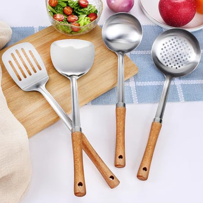 Pleafind 4-Pcs Cooking Utensils Set, Stainless Steel Kitchen Utensils with Wooden Handle, Kitchen Essentials Set Include Wok Ladle, Slotted Spoon, Wok Spatula and Slotted Spatula, Dishwasher Safe - color: 4P-Yellow