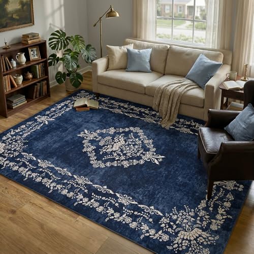 FlyDOIT 5x7 Large Area Rugs for Living Room, Navy Blue | Washable Floral Boho Rug, Non-Slip Soft Indoor Throw Carpet for Bedroom Dining Room Entryway College Dorm Office Decor - color: Navy Blue, size: 5' x 7' (Rectangular)