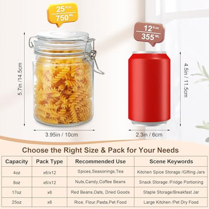 Glass Jars with Airtight Lids, 26oz Glass Storage Jars Set of 6, Thick Food Storage Containers for Pantry Organization, Kitchen Counter, Coffee, Pasta, Cereal - size: 26 fl oz x 6 - Cylinder