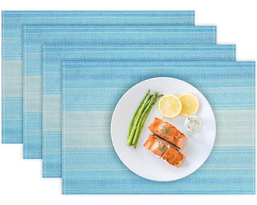 Bloss Blue Placemats Set of 4, Linen Woven Place Mats for Kitchen Table Indoor/Outdoor, 12" x 18" Washable Gradient Blue Placemat Dining Table Mats - color: Gradient Blue, size: 12" x 18" / 4 PCS