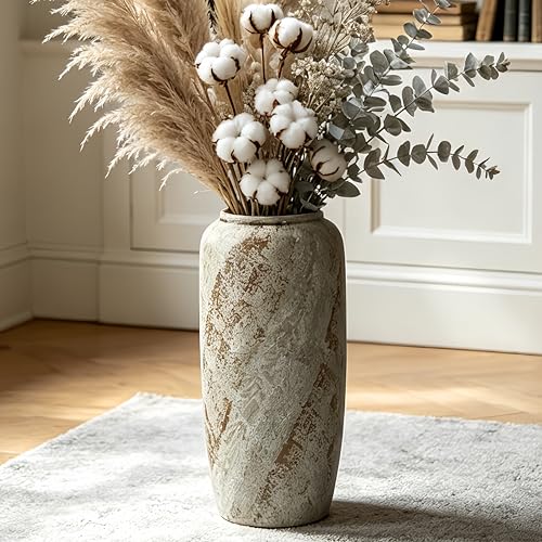 Rustic Ceramic Floor Vase, 15.7 Inch, Farmhouse Clay Decor | Living Room, Entryway, Fireplace, Pampas Grass, Dried Branches - size: 15.7 Inch