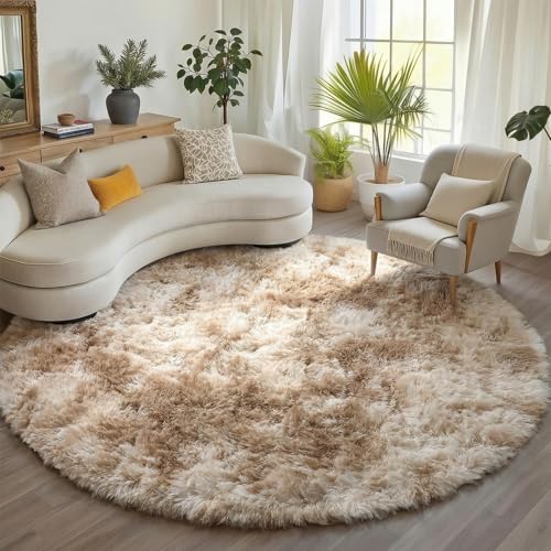 Round Rugs 6ft for Living Room Bedroom, Tie-Dye Beige Fluffy Circle Area Rug for Kids Girls Boys Teen, Soft Plush Shaggy Carpet for Nursery Dorm Classroom Playroom Home Decor Aesthetic - color: Tie-dyed Light Beige, size: 6' (Round)