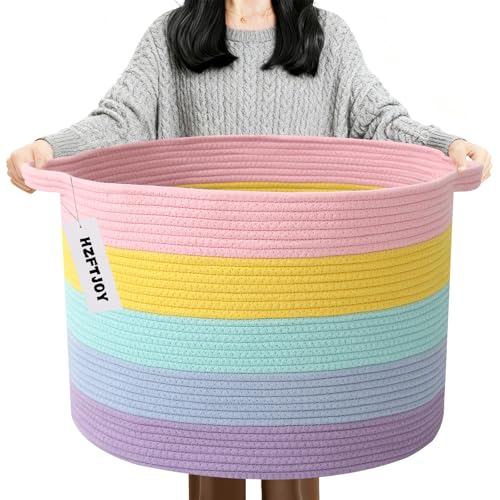 90L Large Blanket Basket,Rope Woven Laundry Basket-Colorful | Collapsible, reinforced handles, nursery storage bin organizes clothes, toys and pillows for living room, bedroom bathroom - color: Colorful, size: 21.7"L x 21.7"W x 13.8"H（90L)