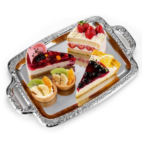 Homoyoyo Silver Serving Tray With Handles, Mirror Finish Rectangular Metal Tray 13.5*9 Inch for Food Serving Coffee Table Dessert Platter Stainless Steel Decorative for Kitchen Dining Room Wedding Use