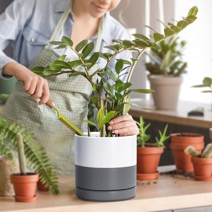 D'vine Dev 2-Pack Ceramic Pots with Saucers, White/Grey, 4/6 in, 94-G-S-6 | Glazed Ceramic, Drainage Hole, Perfect-Fit Saucer, Sleek Cylinder Shape, High Temperature Fired, Elegant Home Accent - color: White/Speckled Grey, size: Small