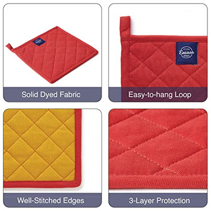Encasa XO Pot Holders, Quilted Kitchen Hot Pads 8"x8" Mango | 100% Heavyweight Cotton | Quilted Insulation | Multipurpose Trivets & Hot Pads | Hanging Loop | Set of 2 - color: Mango