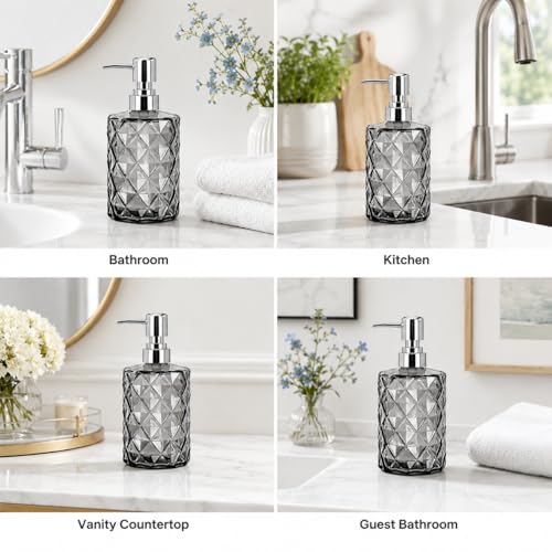 LGURT 12oz Black Glass Soap Dispenser, Stainless Steel Non-Drip Pump | Diamond-cut prism finish like crystal. Semi-transparent black glass. For kitchen, bathroom, powder room countertops. - color: Clear Black