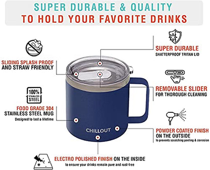 CHILLOUT LIFE 16 oz (Set of 2) Stainless Steel Vacuum Insulated Coffee Mug with Handle and Lid, Large Thermal Camping Coffee Mugs with Sliding Lid for Men & Women - color: Navy Blue, size: 16 Ounces - 2 Pack