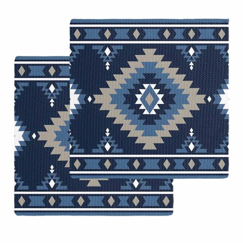 Native American Southwest Dish Towels Waffle Kitchen Towels Set, Absorbent Quick Drying Towel Cleaning Western Boho Tribe Navy Blue Hand Towels for Bathroom 2 Pack Dish Cloths 12"x12" - color: Classickon44035, size: 2PCS-12x12in