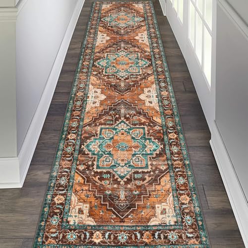 Pauwer Vintage Floral 2x8 Runner Rug, Non Slip Hallway Runner, Rust Red | Machine Washable, Faux Wool, Low-Pile, Non-Shedding, Soft Distressed Floor Carpet For Entryway, Laundry, Bedroom, Kitchen - color: Rust Red, size: 2' x 8' (Runner)