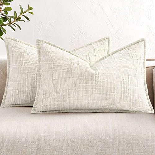 decorUhome Chenille Throw Pillow Covers 12x20 Set of 2, Cream White | Soft Texture, Slubby Modern Design, Flange Edges, Cozy Lumbar Accent Pillow Covers for Couch, Sofa, Bed, Living Room - color: Cream White, size: 20" x 12" (Pack of 2)