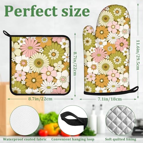 Retro 70s Style Flower Oven Mitts and Pot Holders Set 4 Pcs Extra Long Heat Resistant Gloves Potholder for Baking, BBQ, Grilling - color: Retro 70s Style Flower