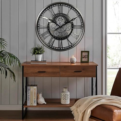21" Metal Roman Numeral Wall Clock with Moving Gears,Gunmetal | SIilent Non Ticking, Aluminum Dial, Unique Modern Wall Clocks for Living Room, Dinning Room, Entryway & Home Office - color: Roman Gunmetal, size: 21"