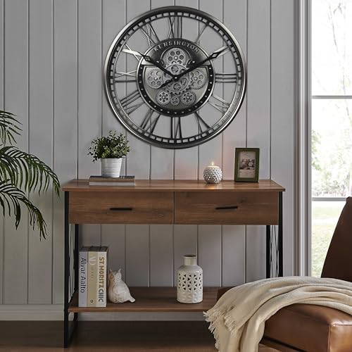 21" Metal Roman Numeral Wall Clock with Moving Gears,Gunmetal | SIilent Non Ticking, Aluminum Dial, Unique Modern Wall Clocks for Living Room, Dinning Room, Entryway & Home Office - color: Roman Gunmetal, size: 21"