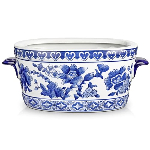 Blue and White Ceramic Planter Pot – Vintage Floral Oval Cachepot Vase for Indoor Plants, Flowers & Succulents – Glazed Chinese Porcelain Style Decorative Bowl –10.6" Size – No Drainage - size: 10.6"