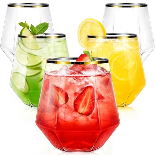 40 Pack Plastic Wine Glasses, 12 Oz Disposable Cocktail Whiskey Glasses | Gold Rimmed Diamond Stemless Champagne Margarita Glasses, Clear Unbreakable Reusable Plastic Cups for Party Wedding Birthday - color: Gold Rim-40 Pack