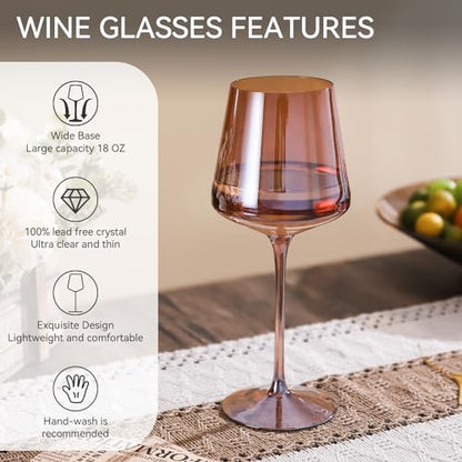 Brown Wine Glasses Set of 6,18oz Dark Amber Wine Glassware Gift Set for Party Brown Hand Blown Glass Drinkware for Red White Wine gifts set for wine lovers - color: Dark Amber