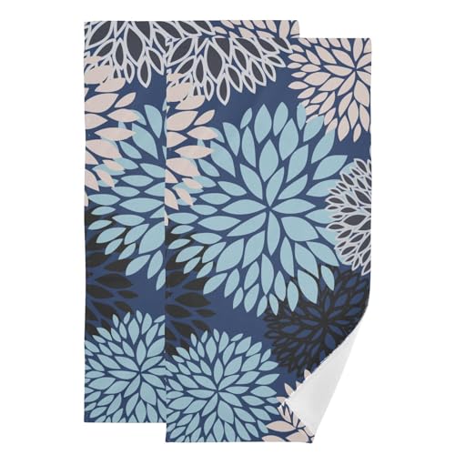 Dark Navy Blue Dahlia Floral Hand Towels for Bathroom Set of 2,Absorbent Black White Boho Abstract Flower Farmhouse Kitchen Towels 14"x28",Decorative Bathroom Towels for Bath,Face,Guest,Hair - color: Navy Blue