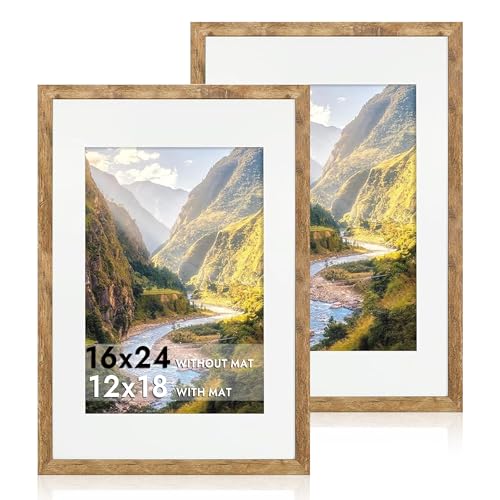 iRahmen 16x24 Picture Frame Set of 2 with Plexiglass, Display 12x18 Picture with Mat or 16 x 24 Without Mat, Rustic Brown Wood Poster Frame for Photo Wall Gallery Mounting Horizontal and Vertical - color: Rustic Brown, size: 16X24