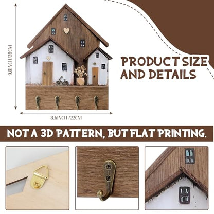 Cute Key Holder for Wall, Rustic Key Rack Wall Mount Decorative Wooden Hooks House Shaped Boho Hat Purse Rack with 4 Hooks for Hanging Entryway Front Door Hallway Bedroom