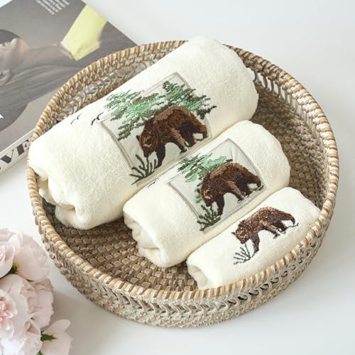 Marina Decoration Premium Luxury Decor Ultra Soft 100% Cotton Embroidered Bathroom Modern 3 Piece Towel Set, Bear with Ivory Base - color: Bear