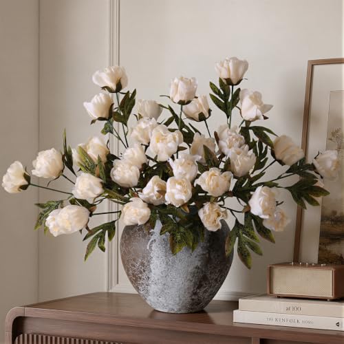 8 Pcs Artificial Peony Flowers, Faux Silk Peonies Stems with Distressed Leaves, Fade Resistant Floral Branches for Vase, DIY Bouquet, Home Decor Indoor Outdoor Wedding Table Centerpiece (Champagne) - color: Champagne