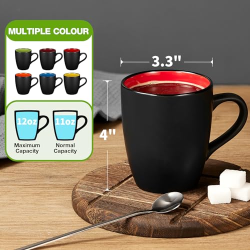Qipecedm 6 Pack Porcelain Coffee Mugs Set, 12 Ounces Ceramic Coffee Mugs, Matte Black Coffee Mug, Restaurant Cups for Coffee, Tea, Cappuccino, Cocoa, Cereal, Black outside and Colorful inside