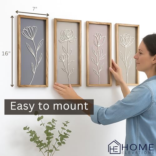 3D Wooden Floral Bathroom Wall Decor, Set of 4 Framed Wall Art | For Living Room, Bedroom, Dining, Office & Kitchen – Boho Botanical Wall Hanging, Modern Farmhouse Home Decor & Gift