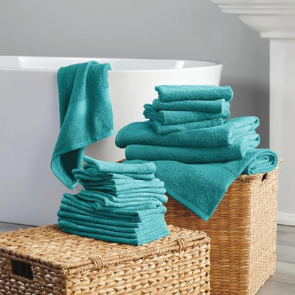 24-Piece Set of Towels, Lightweight 380 GSM Cotton Towels, Quick Drying, Absorbent Hand Towels, Fingertip Towels, Bath Towels, & Washcloths, Teal Blue - color: Teal Blue