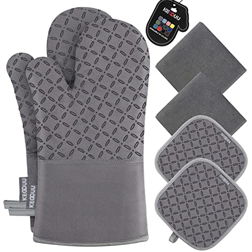 KEGOUU Oven Mitts and Pot Holders 6pcs Set, Kitchen Oven Glove High Heat Resistant 500 Degree Extra Long Oven Mitts and Potholder with Non-Slip Silicone Surface for Cooking (Grey) - color: Gray