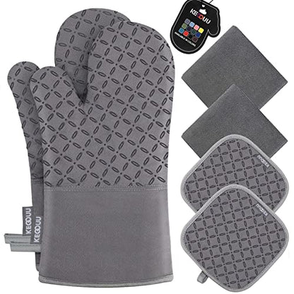 KEGOUU Oven Mitts and Pot Holders 6pcs Set, Kitchen Oven Glove High Heat Resistant 500 Degree Extra Long Oven Mitts and Potholder with Non-Slip Silicone Surface for Cooking (Grey) - color: Gray