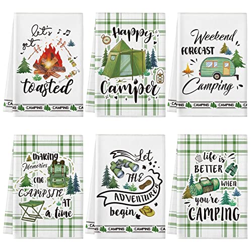 Redbaker 6 Pcs Camping Kitchen Towels with Hanging Loop | Happy Camper Themed Decor for RV Accessories, Bonfire Tent Car Designs, Absorbent Hand Towels for Outdoor Camping Gifts - style: Camping