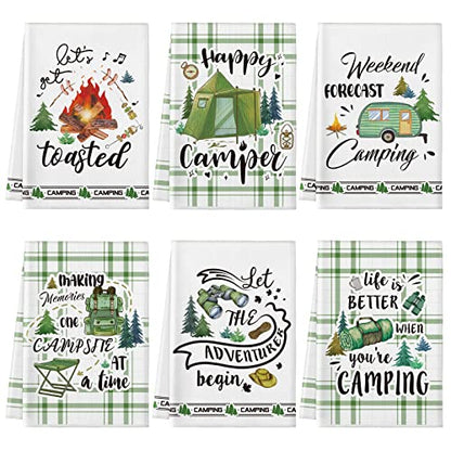 Redbaker 6 Pcs Camping Kitchen Towels with Hanging Loop | Happy Camper Themed Decor for RV Accessories, Bonfire Tent Car Designs, Absorbent Hand Towels for Outdoor Camping Gifts - style: Camping