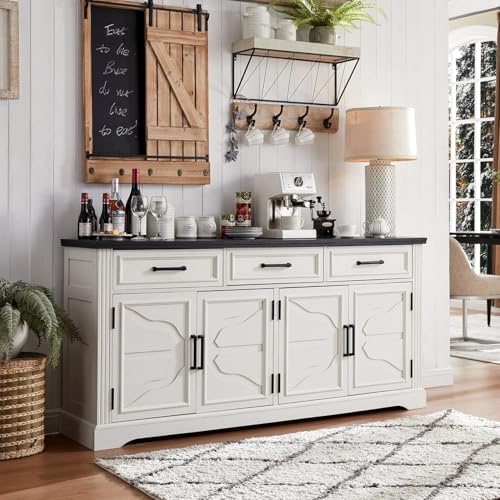 66" Farmhouse Buffet Cabinet with Storage, Sideboard Credenza, Carved Cloud-Inspired Doors, 3 Drawers & Adjustable Shelves, Coffee Bar Cabinet, Off White - color: Off White