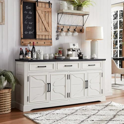 66" Farmhouse Buffet Cabinet with Storage, Sideboard Credenza, Carved Cloud-Inspired Doors, 3 Drawers & Adjustable Shelves, Coffee Bar Cabinet, Off White - color: Off White