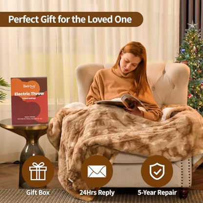 Bearhug Electric Blanket Throw Size, 50" x 60" Heated Blanket with 6 Heating Levels & 4H Auto Shut-Off, Machine Washable Soft Velvet to Sherpa Reversible Heated Throw for Office, Couch and Sofa - color: Champagne-faux Fur & Sherpa, size: Throw 50" × 60"