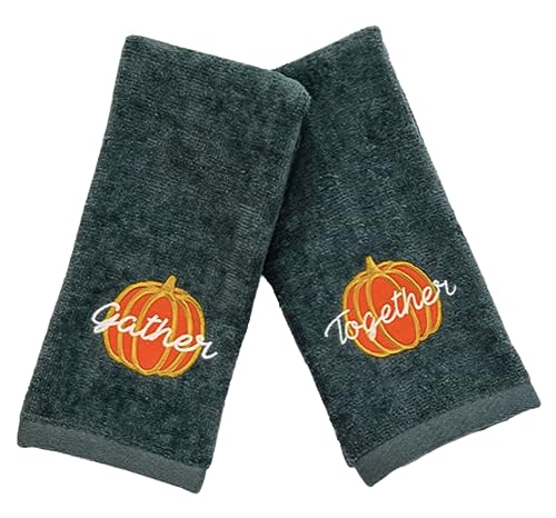 Thanksgiving Fall Harvest Embroidered Guest Fingertip Towels: Orange Gold White Gather Together Pumpkin on Plush Grey Gray, 2 Piece Set, 12" x 18" Inch Oeko-TEX Certified - color: Gather