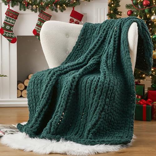 Chunky Knit Throw Blanket for Couch, Green Chenille Throw Blanket 50"x60" | Handmade Chunky Knot Blanket, Soft Thick Chirstmas Green Cable Knit Throw Blanket for Bed Sofa Home Decor - color: Christmas Green