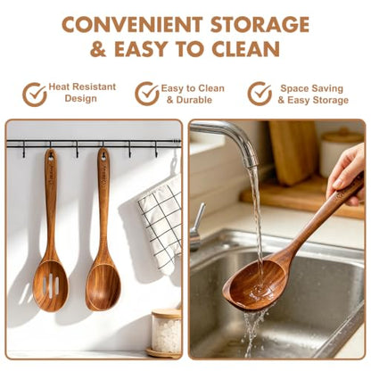 Large Wooden Cooking Spoon Set, 2Pack Natural Teak Wood Spoons for Cooking, Non-Stick Slotted and Corner Serving Spoon with Long Handle, Heat-Resistant Wooden Spatula Spoons for Kitchen Needs