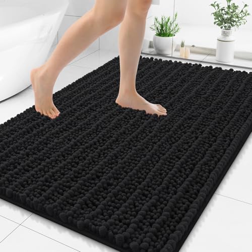 Smiry Bathroom Rugs 50X30, Extra Soft Rubber Backing Chenille Bath Mats | Black Machine Washable Non Slip Quick Dry Bath Mats for Bathroom Floor, Tub, Shower, Home Decor Accessories - color: Black, size: 50'' X 30''