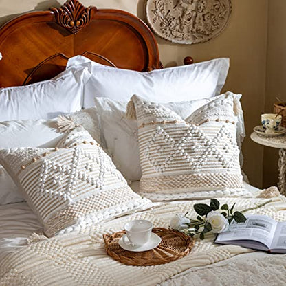 Cream White Boho Throw Pillow Cover 20X20, Boho Woven Textured Pillow Cover, Neutral Pillow Cover, Sofa Couch Bed Farmhouse Lumbar Pillow (Cover ONLY) - color: Cream, size: 20" x 20" (Pack of 1)