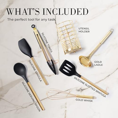 Styled Settings Black and Gold Cooking Utensils Set, 7-Piece, Black & Gold | Nonstick Silicone Cooking Utensils Set with Gold Utensil Holder, White and Gold Kitchen Accessories for Modern Kitchens - color: 7 Piece Black & Gold
