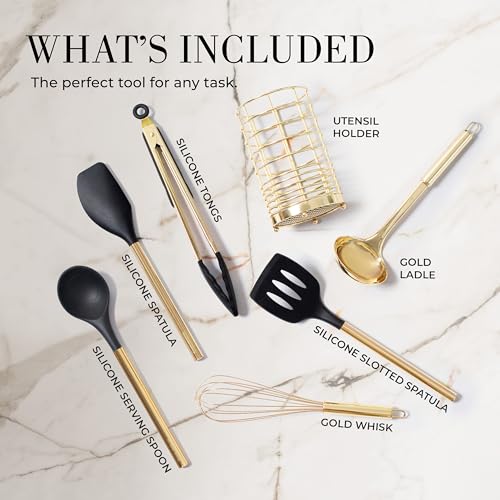Styled Settings Black and Gold Cooking Utensils Set, 7-Piece, Black & Gold | Nonstick Silicone Cooking Utensils Set with Gold Utensil Holder, White and Gold Kitchen Accessories for Modern Kitchens - color: 7 Piece Black & Gold