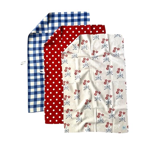 Kitchen Towels, Dish Towels for Kitchen, 3 Pc Kitchen Towel Set | Microfiber Waffle Towels, 16 x 26 inches, with Hanging Loops, Reusable Tea Towels, Cute Kitchen Towels - 3 Pack - color: Red/White/Blue