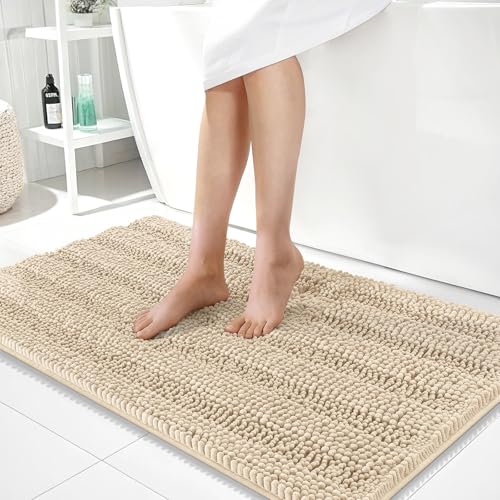 OLANLY Thick Large Bathroom Rugs 40x24, Soft Chenille Bath Rugs, Beige | Absorbent Striped, Rubber Backing, Machine Wash Dry, Bath Mats for Bathroom Floor, Tub and Shower, Home Decor Accessories - color: Beige, size: 40" X 24"